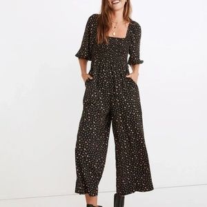 Lucie Elbow-Sleeve Smocked Wide-Leg Jumpsuit in Stem Scatter